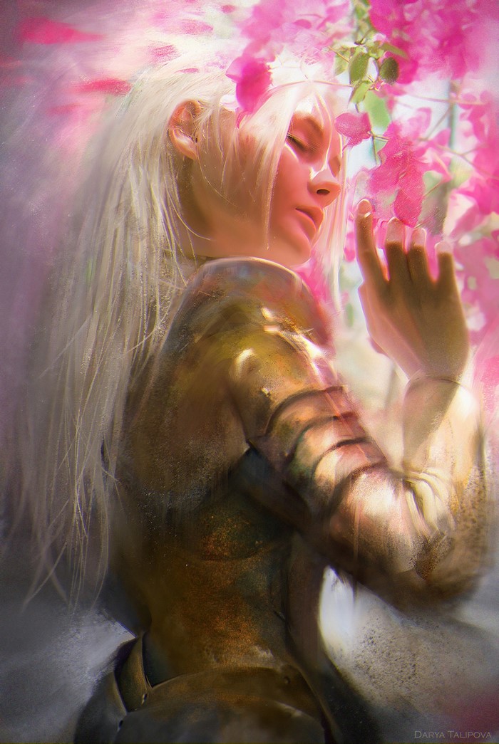 Anime girl with white hair and armor near pink flowers
