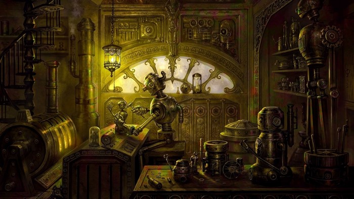 Steampunk workshop with robots and machinery
