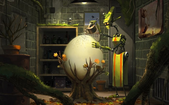 Robot watering a giant egg in a dark room