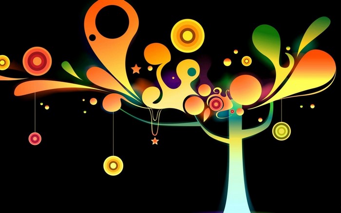 Abstract colorful shapes and circles on black background