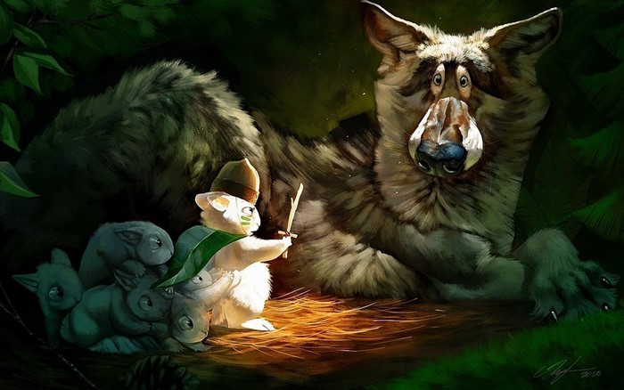 Fantasy art of a wolf with small creatures