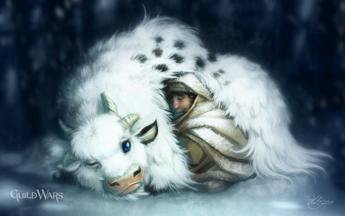 A person sleeping on a white creature in Guild Wars