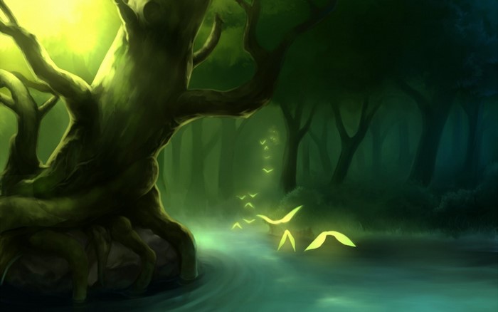 Magical forest with glowing birds and a large tree