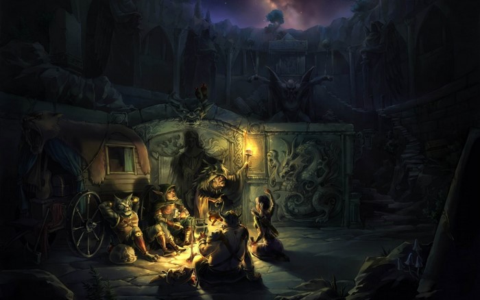 Fantasy characters gathered around a campfire at night