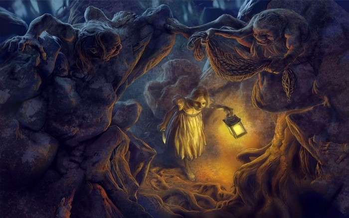 Girl with lantern and monstrous figures in dark fantasy forest
