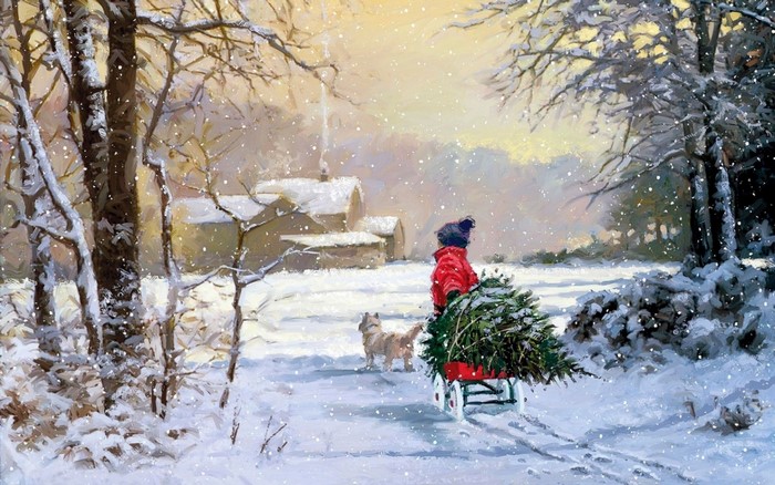Child pulling Christmas tree on a sled with dog in snow