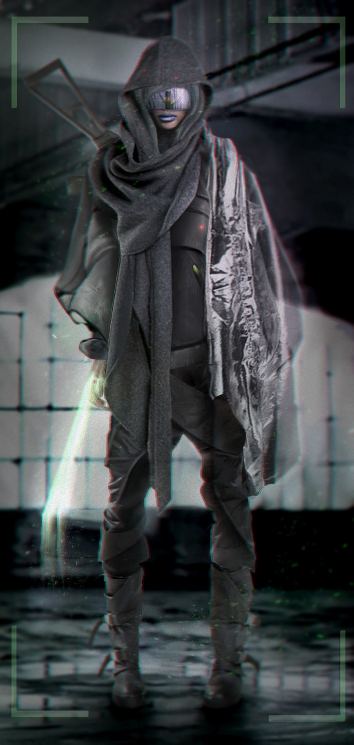Fan art of a character in dark clothing with a hood