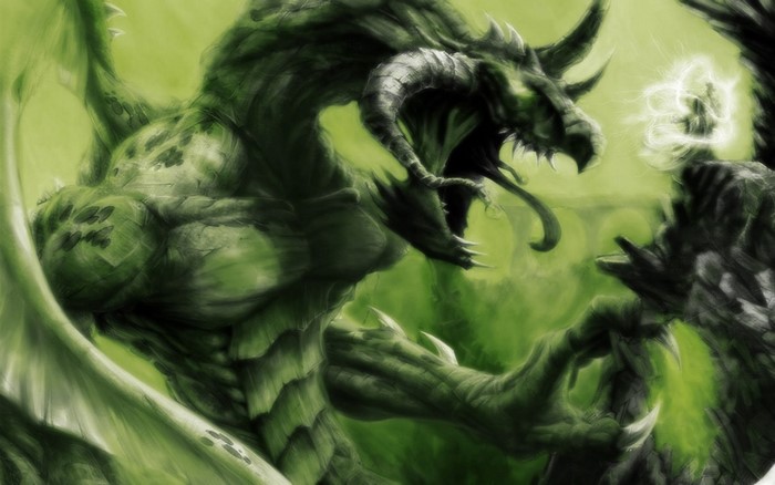 Green dragon fighting a creature with glowing energy