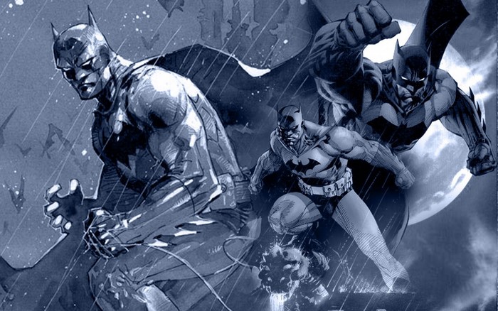 Batman in the rain with bats and moon