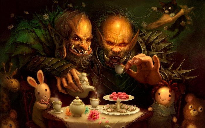 Two orcs having a tea party with toys