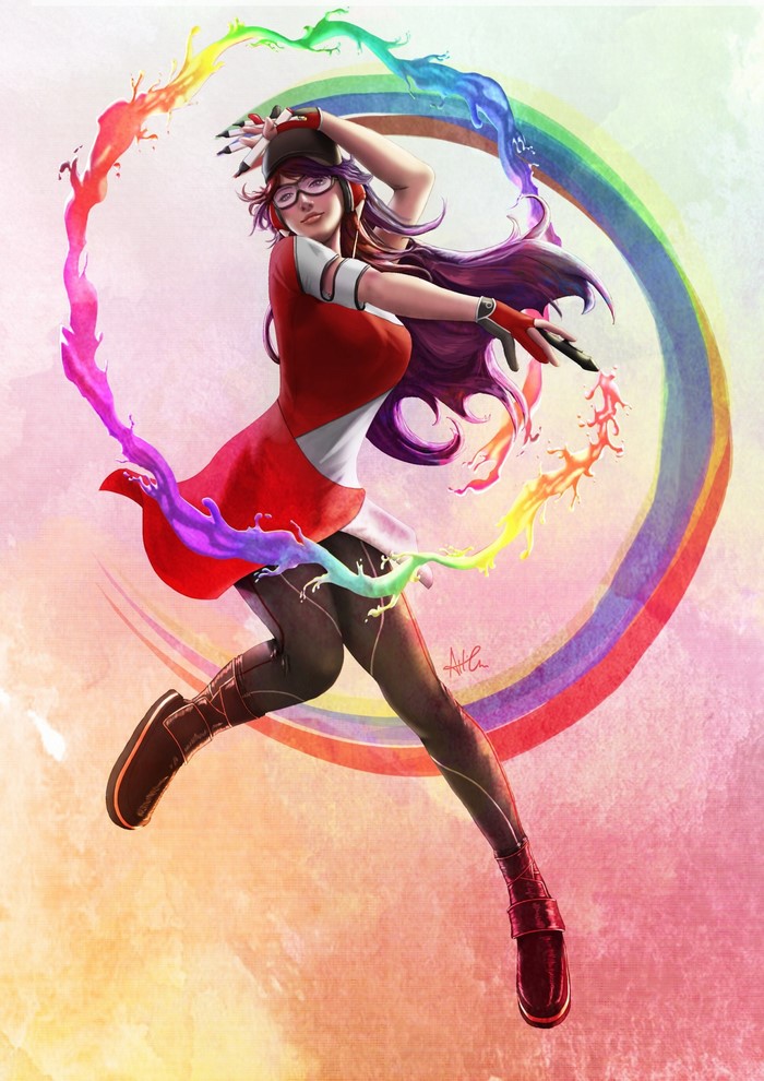 Anime girl creating a rainbow with paint splashes