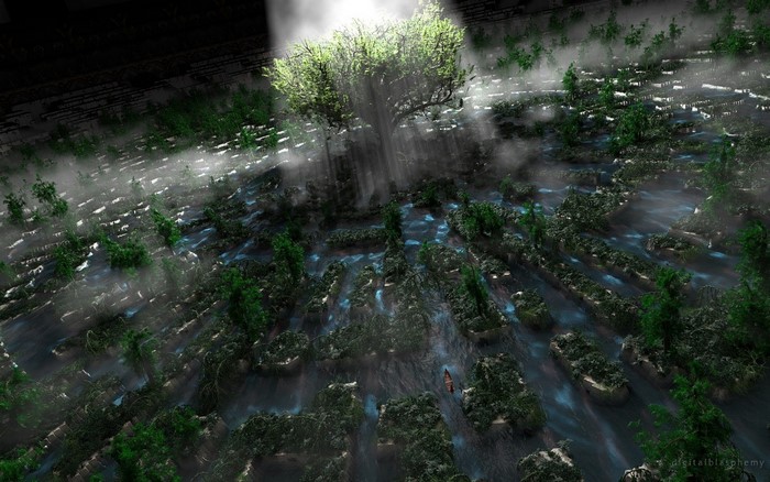 A surreal forest with a giant tree and waterways
