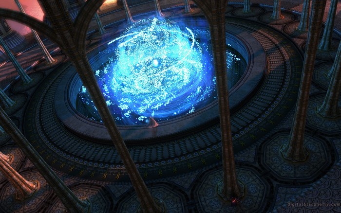 Fantasy portal with glowing blue energy and a figure