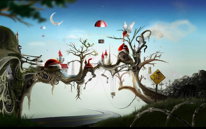 Surreal fantasy landscape with floating castles and a drug-free zone sign