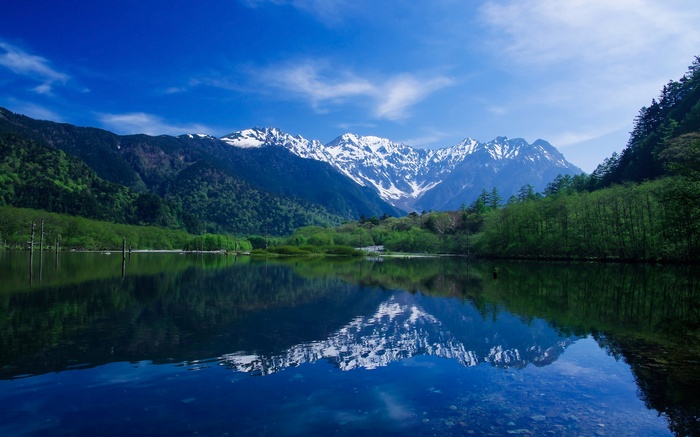 Snow-capped mountains reflected in a calm lake