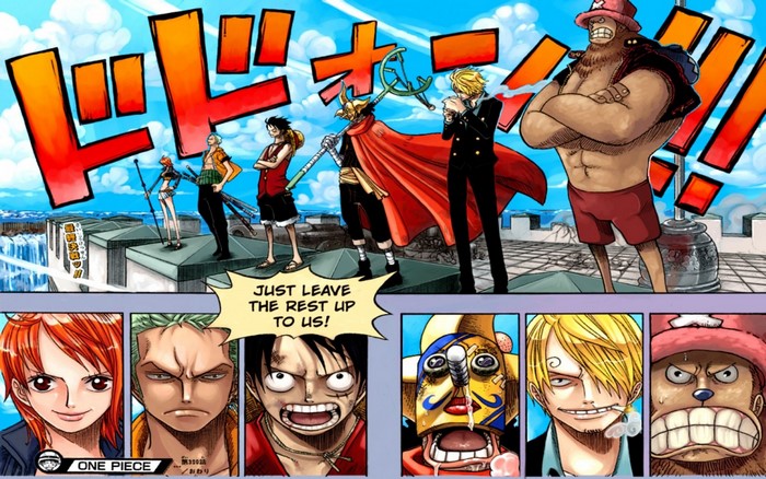 One Piece characters on a rooftop with a city and ocean background