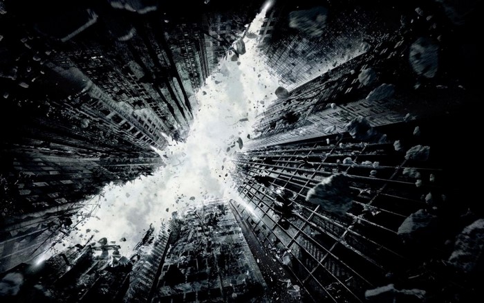 The Dark Knight Rises Batman logo cityscape