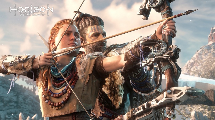Aloy and Erend from Horizon Zero Dawn aiming bows