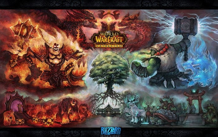 World of Warcraft Cataclysm artwork with elemental beings and dragons