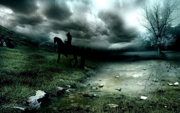 Dark fantasy landscape with a rider on a horse