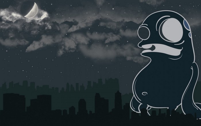 Illustration of a creature at midnight over a city