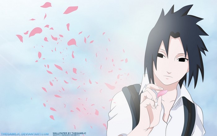 Sasuke Uchiha from Naruto Shippuden with pink petals