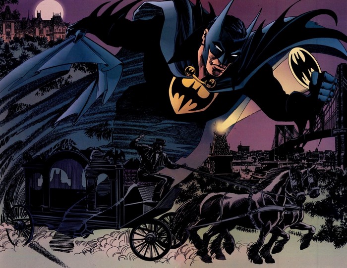 Batman flying over a carriage and city