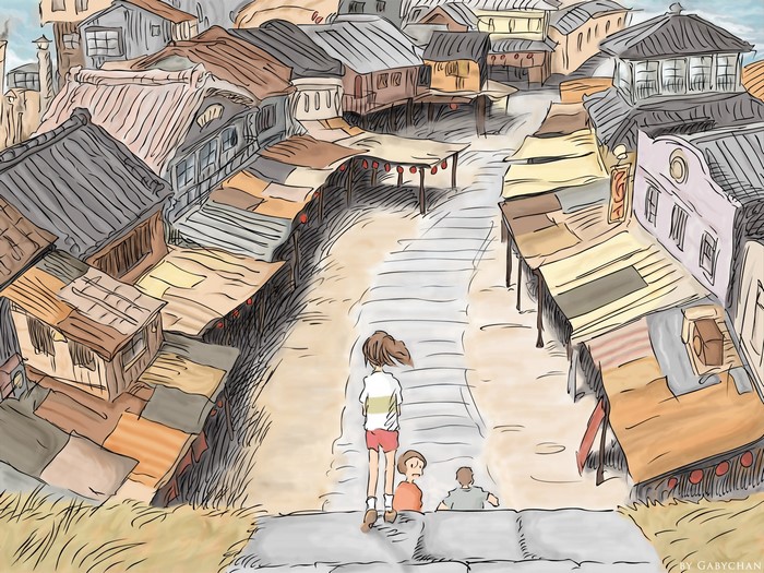 Illustration of a town from Spirited Away