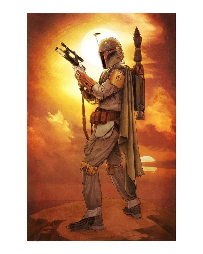 Boba Fett from Star Wars holding a blaster