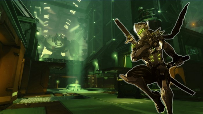Genji from Overwatch in a futuristic facility