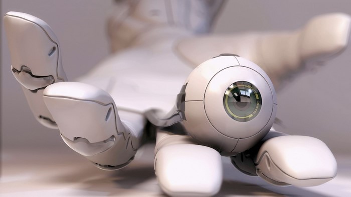 Robot hand holding a mechanical eye with Sarif Industries logo