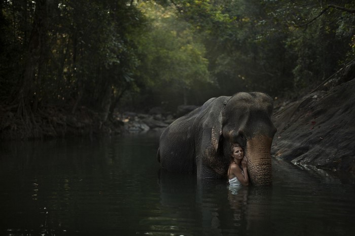 Woman hugging an elephant in a river