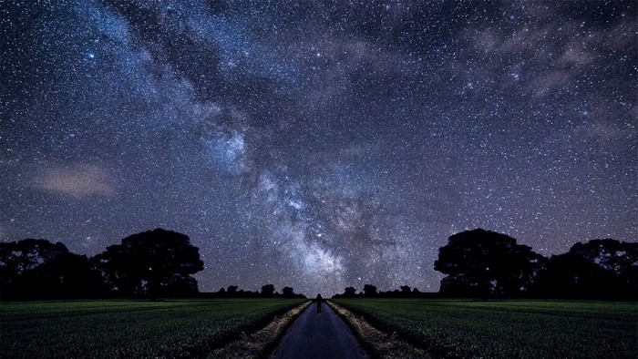 landscape, night, galaxy, sky, field, road, stars, Milky Way, alone ...