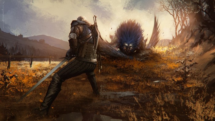 Geralt of Rivia fighting a monster in The Witcher 3