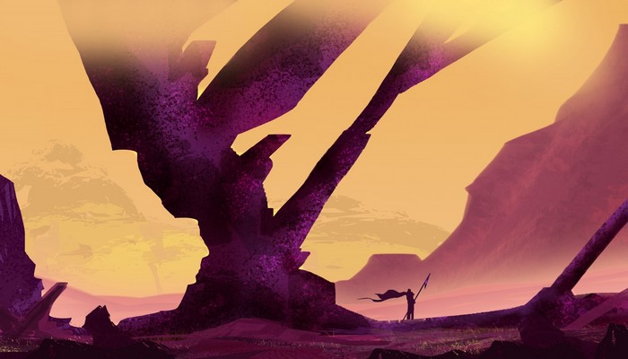 Fantasy landscape with a lone figure at sunset