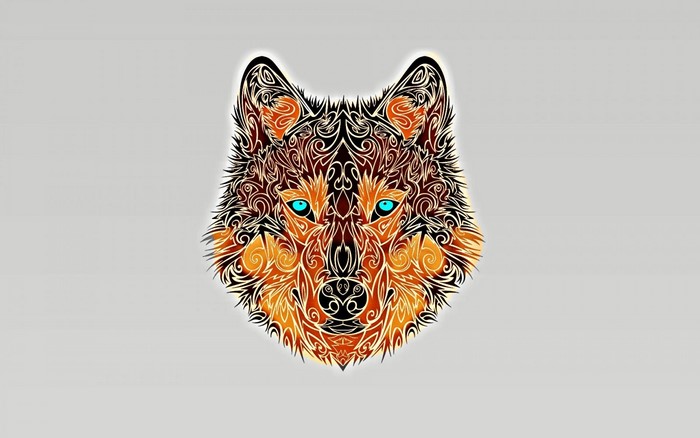 Tribal wolf illustration with turquoise eyes