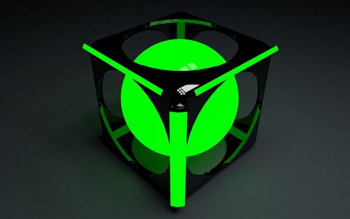 Abstract Black Cube with Glowing Green Symbol