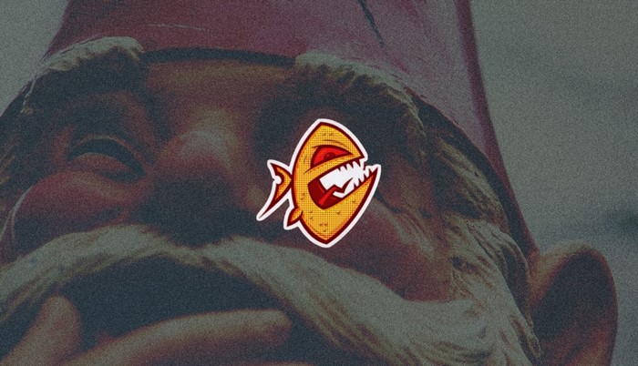 Illustration of a cartoon piranha sticker on a gnome