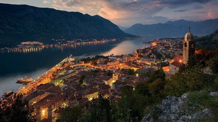 Kotor Town at Dusk with Mountains and Bay