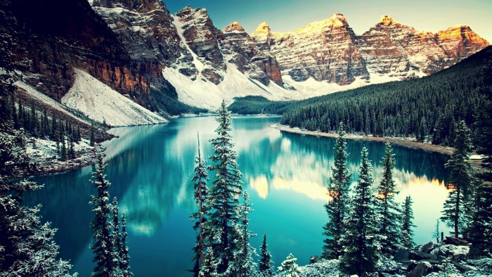 Snowy Mountains Reflecting in a Turquoise Lake