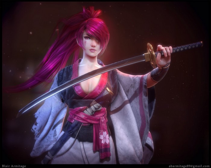 Anime girl with katana in traditional Japanese attire