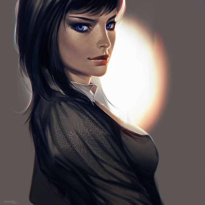 Portrait of a woman with black hair and blue eyes