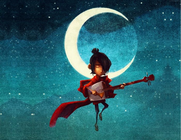 Kubo playing shamisen under the moon