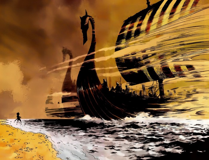 Viking ships sailing on the sea at sunset