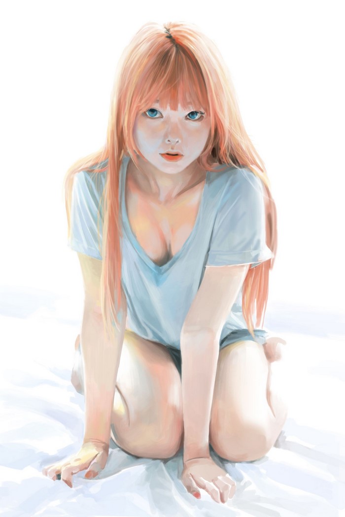 Anime girl with long orange hair kneeling