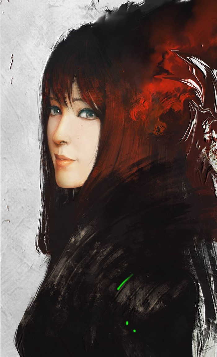 Anime girl with dark hair and red smoke