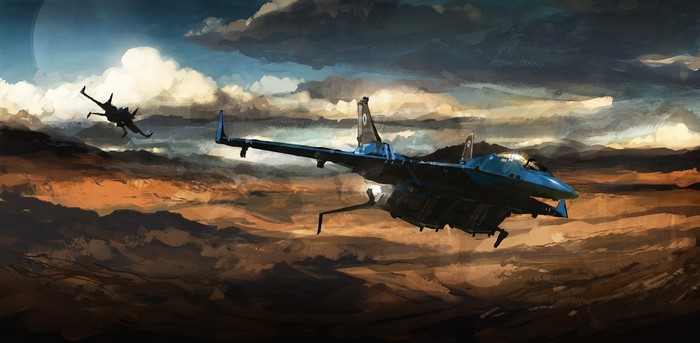 Futuristic aircraft flying over a desert landscape