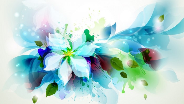 Abstract floral illustration with blue and green watercolor splashes