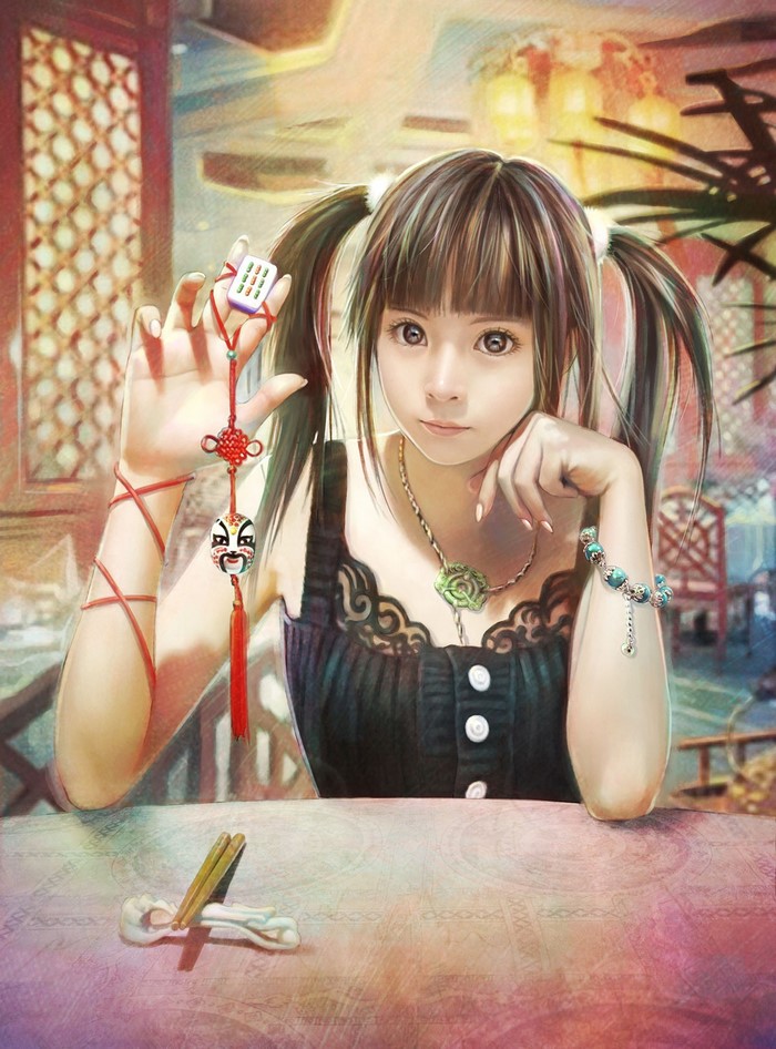 Anime girl with pigtails holding a mahjong tile charm