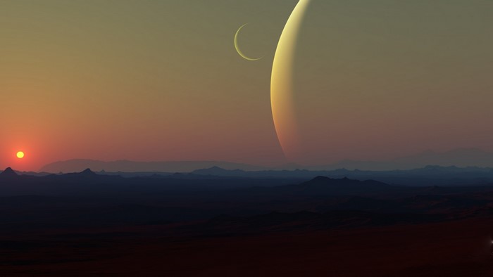 Alien sunset with planets and mountains